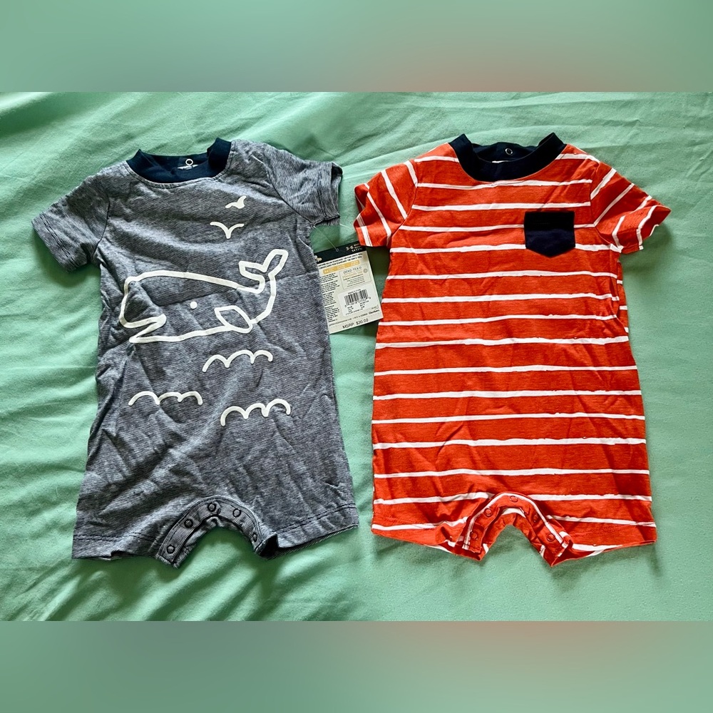 Gerber Baby Boy Two-Piece Shortie Romper Set Whale & Stripes 3-6 mos. NWT